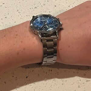Silver Watch with Blue Dial